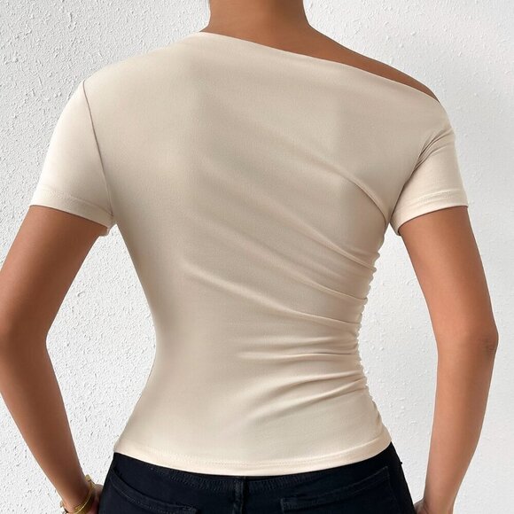 Apricot Casual Women's Solid Ruched Asymmetrical Neck Tee - Picture 2 of 6